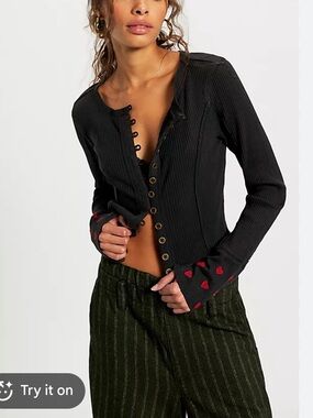Free People Daria Hearts Embroidered Cuff Button-Front Cardigan Top XS